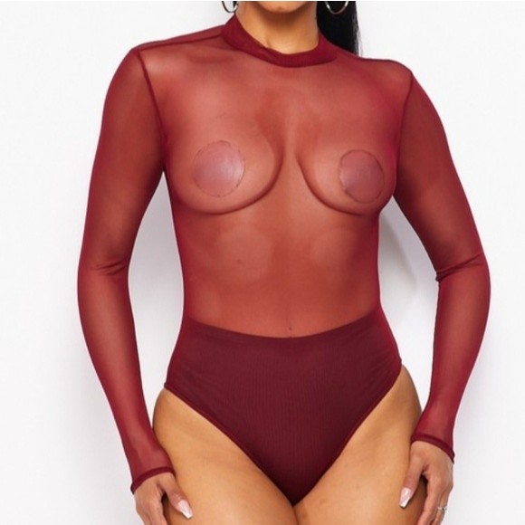 💎💞Mock Neck Mesh Bodysuit (burgundy) - Picture 3 of 14